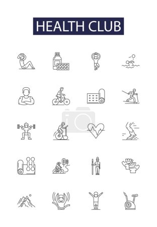 Illustration for Health club line vector icons and signs. Gym, Yoga, Sports, Wellness, Exercise, Aerobics, Training, Swimming vector outline illustration set - Royalty Free Image
