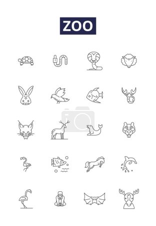 Illustration for Zoo line vector icons and signs. Wildlife, Exhibits, Safari, Reptiles, Predators, Conservation, Mammals, Cage vector outline illustration set - Royalty Free Image