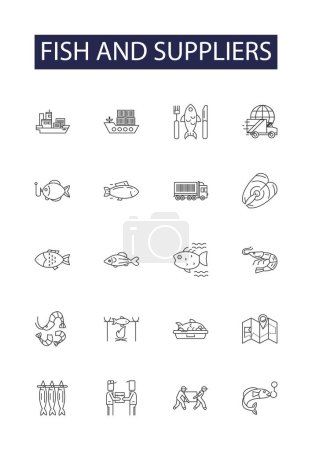 Illustration for Fish and suppliers line vector icons and signs. Suppliers, Trade, Fisheries, Mariculture, Commercial, Breeding, Collaboration, Aquaculture vector outline illustration set - Royalty Free Image