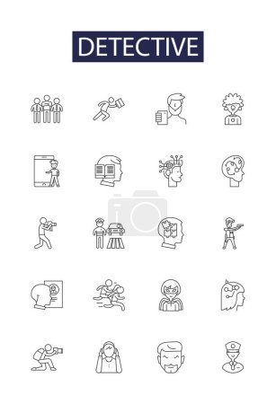 Illustration for Detective line vector icons and signs. Sleuth, Searcher, Spy, Enquirer, Analyst, Inspect, Probe, Examine vector outline illustration set - Royalty Free Image