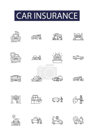 Car insurance line vector icons and signs. Insurance, Coverage, Automobile, Premium, Quote, Liability, Deductible, Broker vector outline illustration set