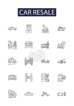 Linienvektorsymbole und -schilder für den Wiederverkauf von Autos. Wiederverkauf, Gebraucht, Fahrzeuge, Kaufen, Verkaufen, Verkäufer, Käufer, Automobile Vektor Outline Illustration Set
