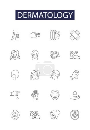 Illustration for Dermatology line vector icons and signs. Skin, Acne, Melanoma, Dermatitis, Eczema, Psoriasis, Lesion, Itchiness vector outline illustration set - Royalty Free Image
