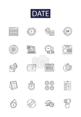 Illustration for Date line vector icons and signs. Calendar, Dateline, Appoint, Due, Romance, Courtship, Datebook, Amorous vector outline illustration set - Royalty Free Image