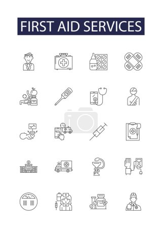 Illustration for First aid services line vector icons and signs. services, medical, rescue, emergency, minor, injury, care, training vector outline illustration set - Royalty Free Image
