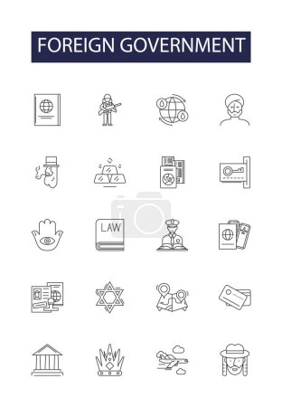 Illustration for Foreign government line vector icons and signs. Government, International, Diplomacy, Foreigner, Sovereignty, Politics, Politics, Border vector outline illustration set - Royalty Free Image