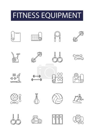Illustration for Fitness equipment line vector icons and signs. Ellipticals, Rowers, Stationary Bikes, Steppers, Weight Machines, Free Weights, Barbells, Benches vector outline illustration set - Royalty Free Image