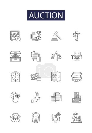 Illustration for Auction line vector icons and signs. Bid, Bidding, Selling, Buyer, Seller, Reserve, Allocate, Appraise vector outline illustration set - Royalty Free Image