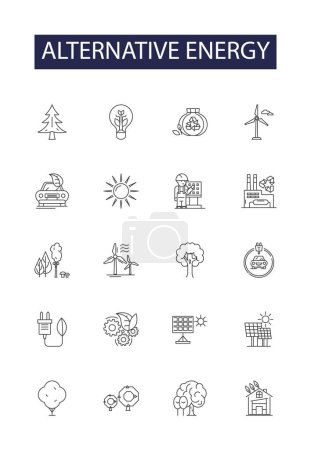 Ilustración de Iconos y signos vectoriales de línea de energía alternativa. Solar, Viento, Hidro, Geotérmica, Biomasa, Nuclear, Marea, Conjunto de ilustración de contorno de vector oceánico - Imagen libre de derechos