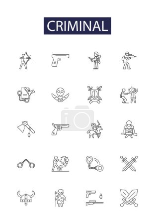Ilustración de Iconos y signos vectoriales de línea criminal. robo, robo, extorsión, robo, delito, delito grave, atraco, robo, esbozo de vector de hurto conjunto de ilustración - Imagen libre de derechos