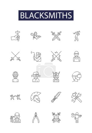 Illustration for Blacksmiths line vector icons and signs. Forging, Anvil, Stamping, Furnace, Hammering, Welding, Shaping, Fire vector outline illustration set - Royalty Free Image