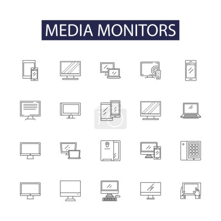 Illustration for Media monitors line vector icons and signs. Monitors, Broadcasting, Trackers, Watchers, Analysts, Observers, Scanners, Recorders vector outline illustration set - Royalty Free Image