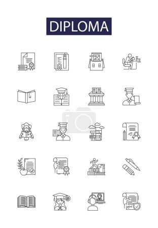 Illustration for Diploma line vector icons and signs. Certification, Qualification, Accreditation, Credential, Award, Credence, Honor, Endorsement vector outline illustration set - Royalty Free Image