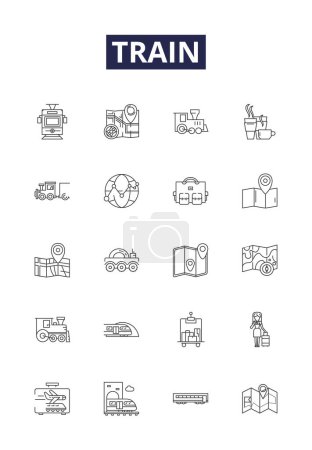 Illustration for Train line vector icons and signs. Rail, Journey, Tracks, Express, Caboose, Freight, Wheels, Engine vector outline illustration set - Royalty Free Image
