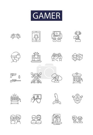 Illustration for Gamer line vector icons and signs. Player, Console, PC, Videogame, Challenge, Adventure, Online, Strategy vector outline illustration set - Royalty Free Image