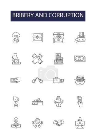 Illustration for Bribery and corruption line vector icons and signs. Corruption, Fraud, Extortion, Bribe, Coercion, Payoff, Greed, Collusion vector outline illustration set - Royalty Free Image