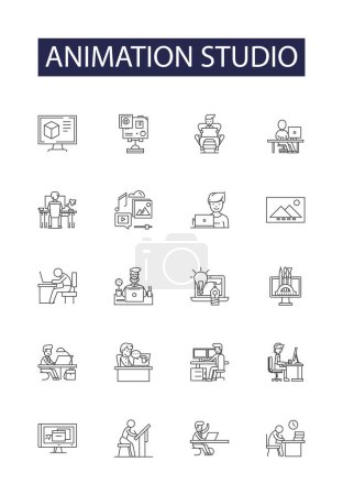 Illustration for Animation studio line vector icons and signs. Studio, Cartoons, Productions, Toons, Visuals, Art, Illustration, Experiments vector outline illustration set - Royalty Free Image