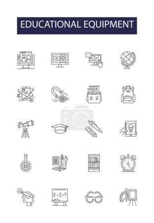 Illustration for Educational equipment line vector icons and signs. Courseware, Furniture, Devices, Technology, Instruments, Materials, Desks, Interactive vector outline illustration set - Royalty Free Image