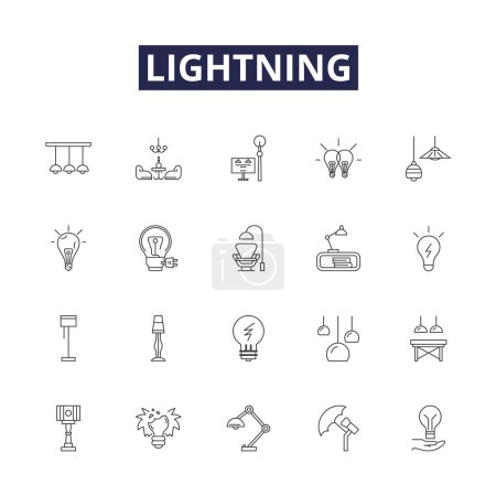 Illustration for Lightning line vector icons and signs. Bolt, Flash, Flicker, Strike, Thunder, Illuminate, Spark, Plasma vector outline illustration set - Royalty Free Image