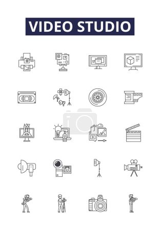 Illustration for Video studio line vector icons and signs. Video, Editing, Filming, Production, Recording, Cameras, Lighting, Green-Screen vector outline illustration set - Royalty Free Image