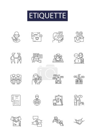 Illustration for Etiquette line vector icons and signs. politeness, decorum, manners, respect, civility, compassion, induction, modesty vector outline illustration set - Royalty Free Image