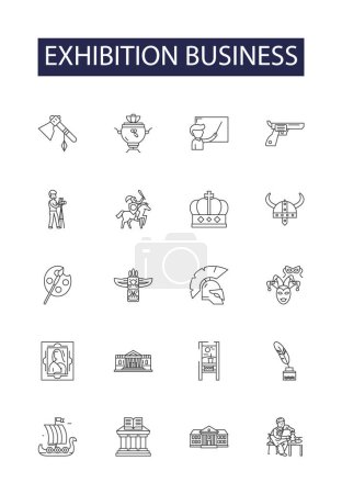Illustration for Exhibition business line vector icons and signs. Business, Trade, Displays, Convention, Show, Events, Promotions, Meetings vector outline illustration set - Royalty Free Image