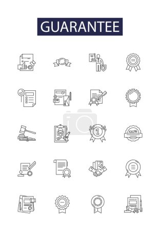 Illustration for Guarantee line vector icons and signs. Security, Vouch, Surety, Assure, Bond, Backing, Guaranty, Pledge vector outline illustration set - Royalty Free Image