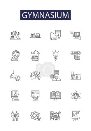 Illustration for Gymnasium line vector icons and signs. Gym, School, Education, Training, Basketball, Volleyball, Fitness, Athletics vector outline illustration set - Royalty Free Image