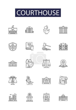 Illustration for Courthouse line vector icons and signs. Law, Building, Courtyard, Justice, Hall, Proceedings, Hearing, Litigation vector outline illustration set - Royalty Free Image