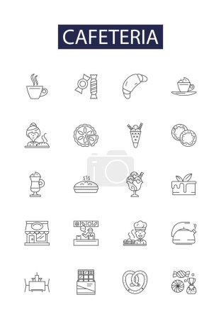 Illustration for Cafeteria line vector icons and signs. canteen, cafeteria, food-court, snack-bar, diner, bistro, cafe, counter vector outline illustration set - Royalty Free Image