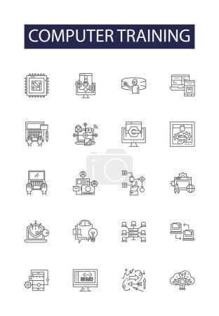 Illustration for Computer training line vector icons and signs. Training, IT, Course, Software, Classes, Tutorials, Workshops, Education vector outline illustration set - Royalty Free Image