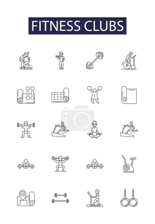 Illustration for Fitness clubs line vector icons and signs. Training, Health, Exercise, Workout, Yoga, Weight, Cardio, Spinning vector outline illustration set - Royalty Free Image