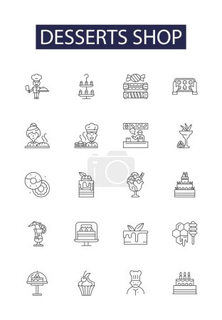 Illustration for Desserts shop line vector icons and signs. Shop, Cakes, Ice-cream, Pies, Pastries, Sweet, Donuts, Cookies vector outline illustration set - Royalty Free Image