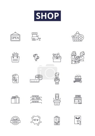 Illustration for Shop line vector icons and signs. Boutique, Market, Purchase, Sell, Trade, Trade-in, Shop, Retail vector outline illustration set - Royalty Free Image