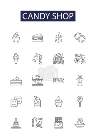 Ilustración de Tienda de dulces línea vectorial iconos y signos. Dulces, confitería, chocolates, piruletas, hilo de azúcar, algodón caramelo, caramelos, caramelos vector esquema ilustración conjunto - Imagen libre de derechos