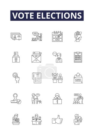 Illustration for Vote elections line vector icons and signs. Elections, Ballots, Polls, Campaigns, Candidates, Constituents, Legitimacy, Counting vector outline illustration set - Royalty Free Image