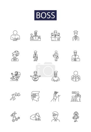 Illustration for Boss line vector icons and signs. Manager, Leader, Chief, Administrator, Executive, Overseer, Ruler, Kingpin vector outline illustration set - Royalty Free Image