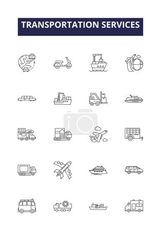 Servicios de transporte línea vectorial iconos y signos. Trenes, Barcos, Aviones, Taxis, Autobuses, Vans, Aventón, Ciclismo vector esquema ilustración conjunto
