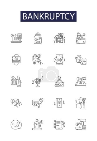 Illustration for Bankruptcy line vector icons and signs. Debtor, Creditor, Liquidation, Deficiency, Repudiation, Reorganization, Discharge, Bankrupt vector outline illustration set - Royalty Free Image
