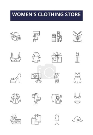 Illustration for Womens clothing store line vector icons and signs. Clothing, Store, Dresses, Skirts, Jackets, Tops, Sweaters, Jeans vector outline illustration set - Royalty Free Image