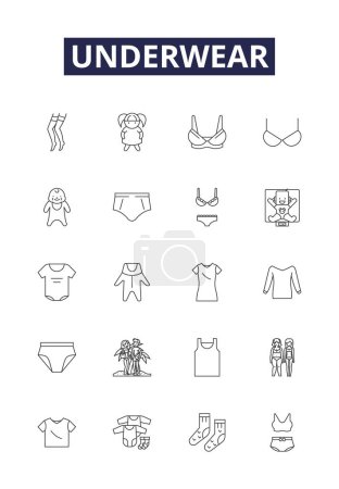 Illustration for Underwear line vector icons and signs. Panties, Boxers, Briefs, Thong, Shapewear, Camisole, Unmentionables, Bodysuits vector outline illustration set - Royalty Free Image