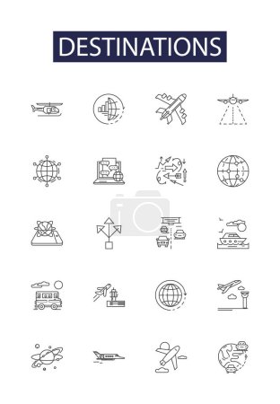 Illustration for Destinations line vector icons and signs. Locations, Destinations, Resorts, Sites, Attractions, Havens, Places, Remedy vector outline illustration set - Royalty Free Image