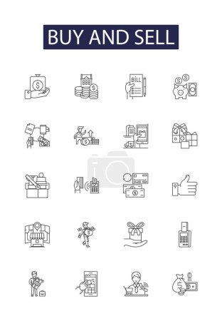 Illustration for Buy and sell line vector icons and signs. Purchasing, Selling, Bartering, Exchanging, Brokering, Shopping, Bidding, Dealmaking vector outline illustration set - Royalty Free Image