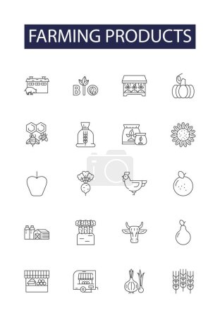 Illustration for Farming products line vector icons and signs. Livestock, Fodder, Dairy, Poultry, Fertilizers, Seeds, Grain, Hay vector outline illustration set - Royalty Free Image