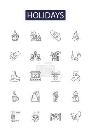 Illustration for Holidays line vector icons and signs. Breaks, Retreats, Respite, Festivity, Celebrations, Getaways, Outings, Celebrates vector outline illustration set - Royalty Free Image