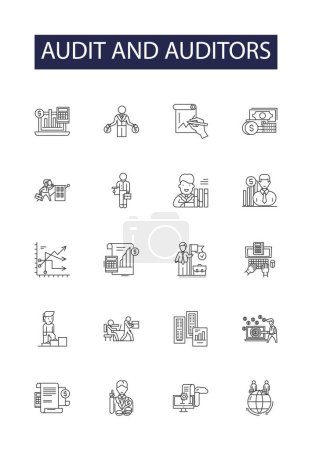 Illustration for Audit and auditors line vector icons and signs. Auditors, Assurance, Examination, Assessor, Analyst, Verification, Compliance, Reviews vector outline illustration set - Royalty Free Image