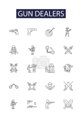 Illustration for Gun dealers line vector icons and signs. Outfitters, Armorers, Suppliers, Traders, Sellers, Brokers, Providers, Retailers vector outline illustration set - Royalty Free Image
