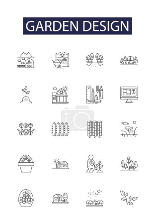 Garden design line vector icons and signs. plan, planting, flowers, shrubs, edging, lawn, beds, borders vector outline illustration set