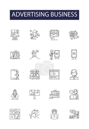 Illustration for Advertising business line vector icons and signs. Sales, Media, Promotion, Merchandising, PR, Business, Branding, Placement vector outline illustration set - Royalty Free Image