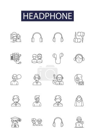 Illustration for Headphone line vector icons and signs. Earbuds, Obliques, Auriculars, Auricula, Audiophiles, Acoustic, Open-back, Closed-back vector outline illustration set - Royalty Free Image